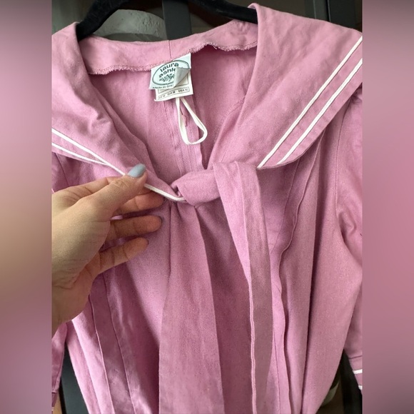 Vintage 1980s Laura Ashley Pink Sailor Dress maxi midi tie front collar peony - Picture 3 of 9